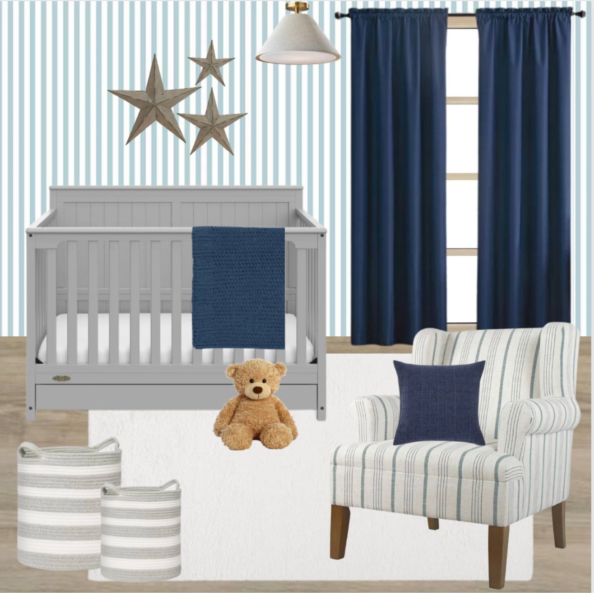 Blue themed nursery decor idea for baby boy. Boys nursery design. Nursery decor mood board with blue, white and grey tones. 

#LTKkids #LTKbaby #LTKhome