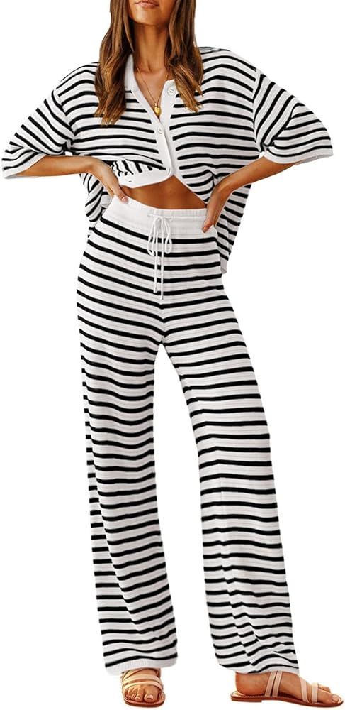 Tankaneo Womens Knit 2 Piece Lounge Sets Striped Short Sleeve Tops and Wide Leg Pants Travel Airp... | Amazon (US)