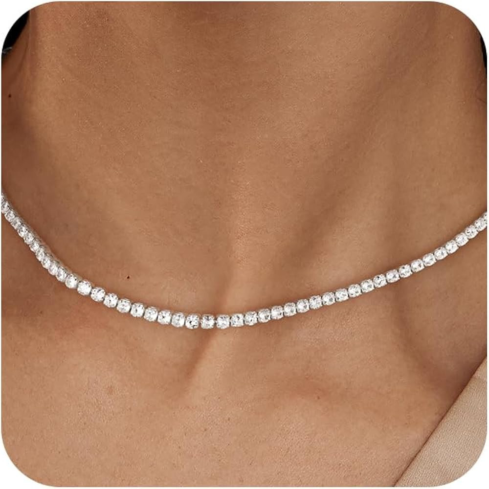Tennis Necklace for Women, 14K Gold/Silver Plated Rhinestone Choker Necklace for Women, Dainty Cu... | Amazon (US)