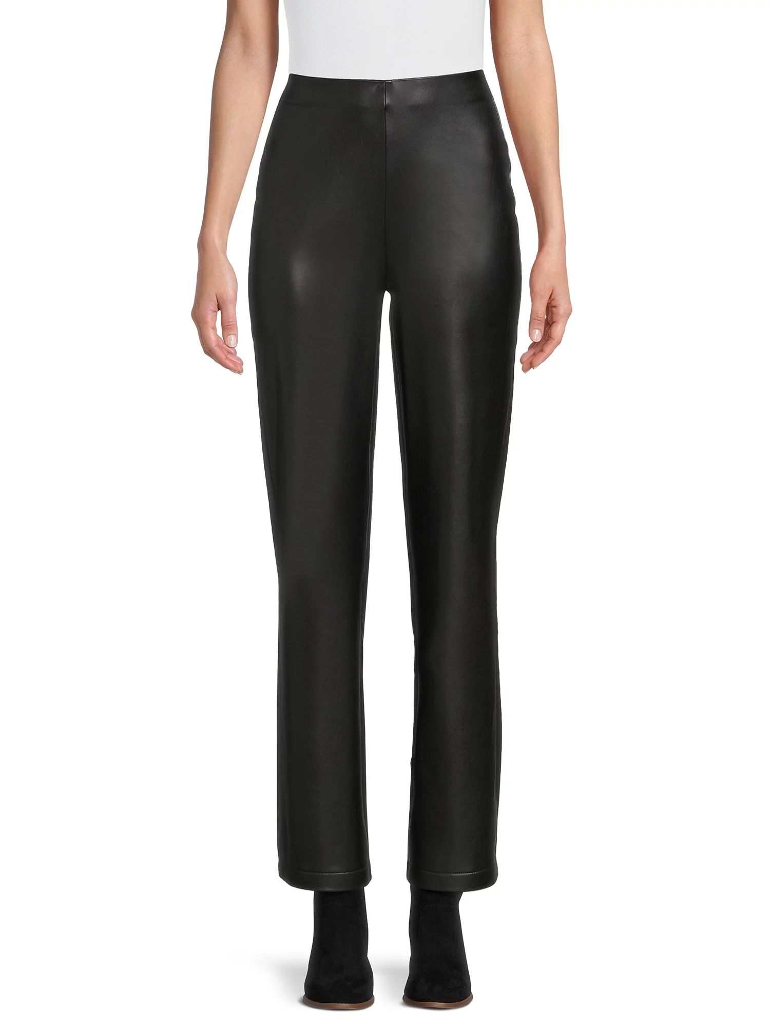 Time and Tru Women's Faux Leather Full Length Pull on Flare Pants, 31" Inseam, Sizes S-2XL | Walmart (US)