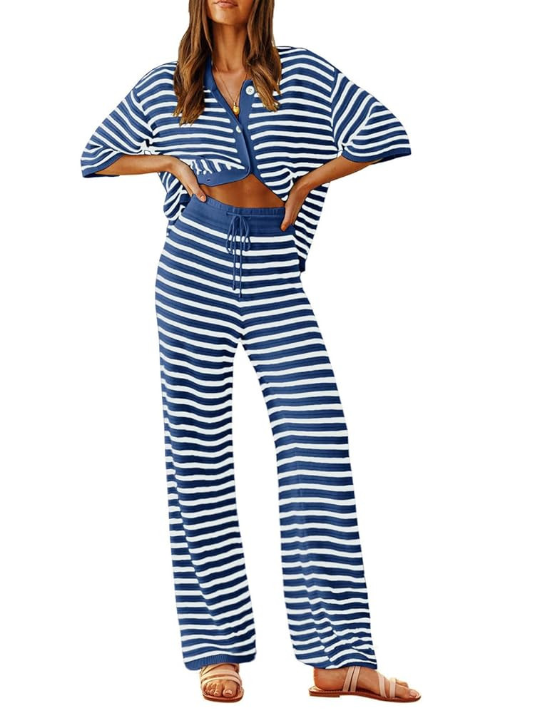 Tankaneo Womens Knit 2 Piece Lounge Sets Striped Short Sleeve Tops and Wide Leg Pants Travel Airp... | Amazon (US)