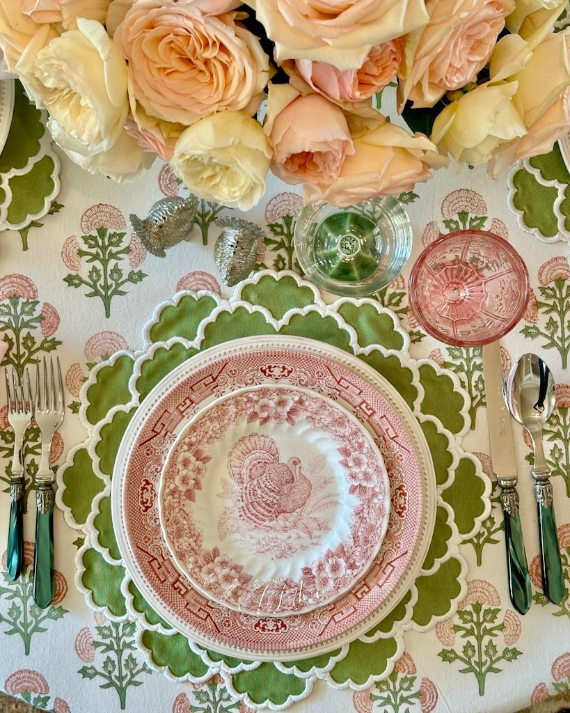 Thanksgiving table in pink and green cabbageware vintage china turkey plates block print tableclothh

#LTKHoliday #LTKHome #LTKSeasonal