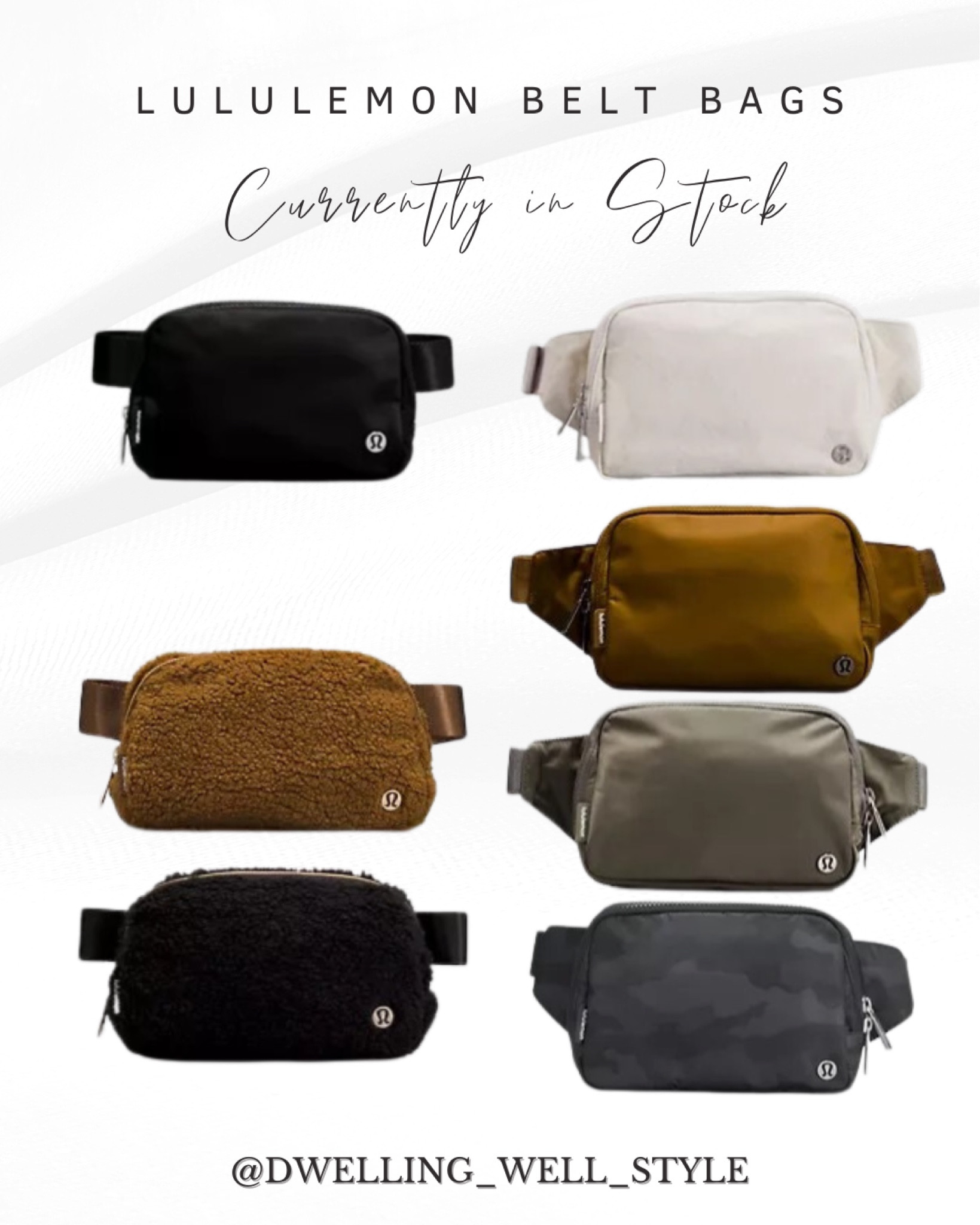 Lululemon Belt Bags currently in stock:
Everywhere Belt Bag Black
Everywhere Belt Bag Fleece
Everywhere Belt Bag Large

#LTKunder50 #LTKunder100 #LTKGiftGuide