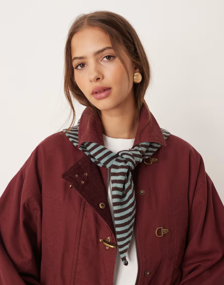 ASOS DESIGN knitted triangle scarf in blue and chocolate stripe-Multi | ASOS (Global)