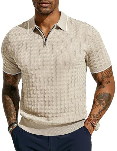 PJ PAUL JONES Mens Polo Shirts Short Sleeve 1/4 Zip Knit Polo Casual Textured Knit Polo Shirt Men Beige | Amazon (US)