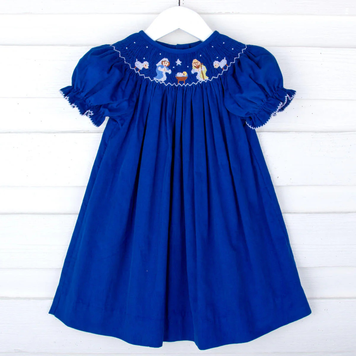 Nativity Smocked Royal Blue Corduroy Bishop Dress | Classic Whimsy