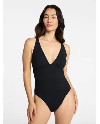 Time and Tru Women's and Women\u2019s Plus Ribbed Plunge One-Piece Swimsuit, Sizes XS-3X | Walmart (US)