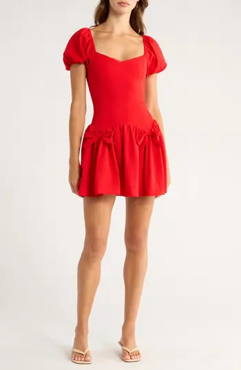 All in Favor Bow Detail Puff Sleeve Minidress in Red at Nordstrom Rack, Size X-Small | Nordstrom Rack