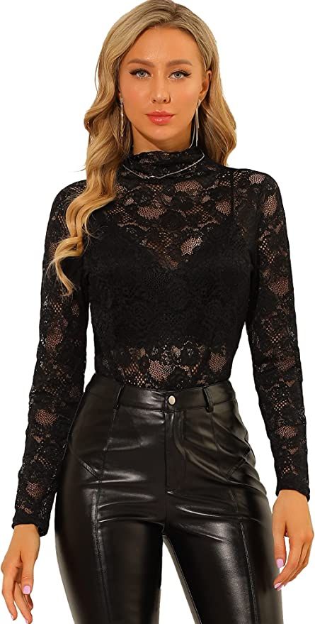 Allegra K Women's See Through Long Sleeve Turtleneck Sheer Floral Lace Blouse Top | Amazon (US)