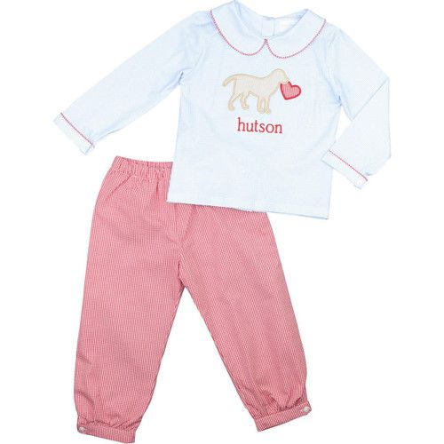 Blue And Red Gingham Applique Dog And Heart Pant Set | Cecil and Lou