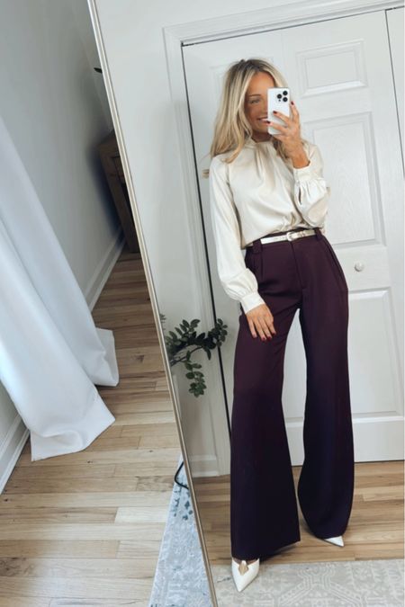 Holiday outfit  | Sizing info:
-Satin blouse runs TTS, wearing small
-Wide leg pants - For sizing reference, I’m 5’6” and wear a 4 long (wearing about a 4” heel)

#LTKHoliday