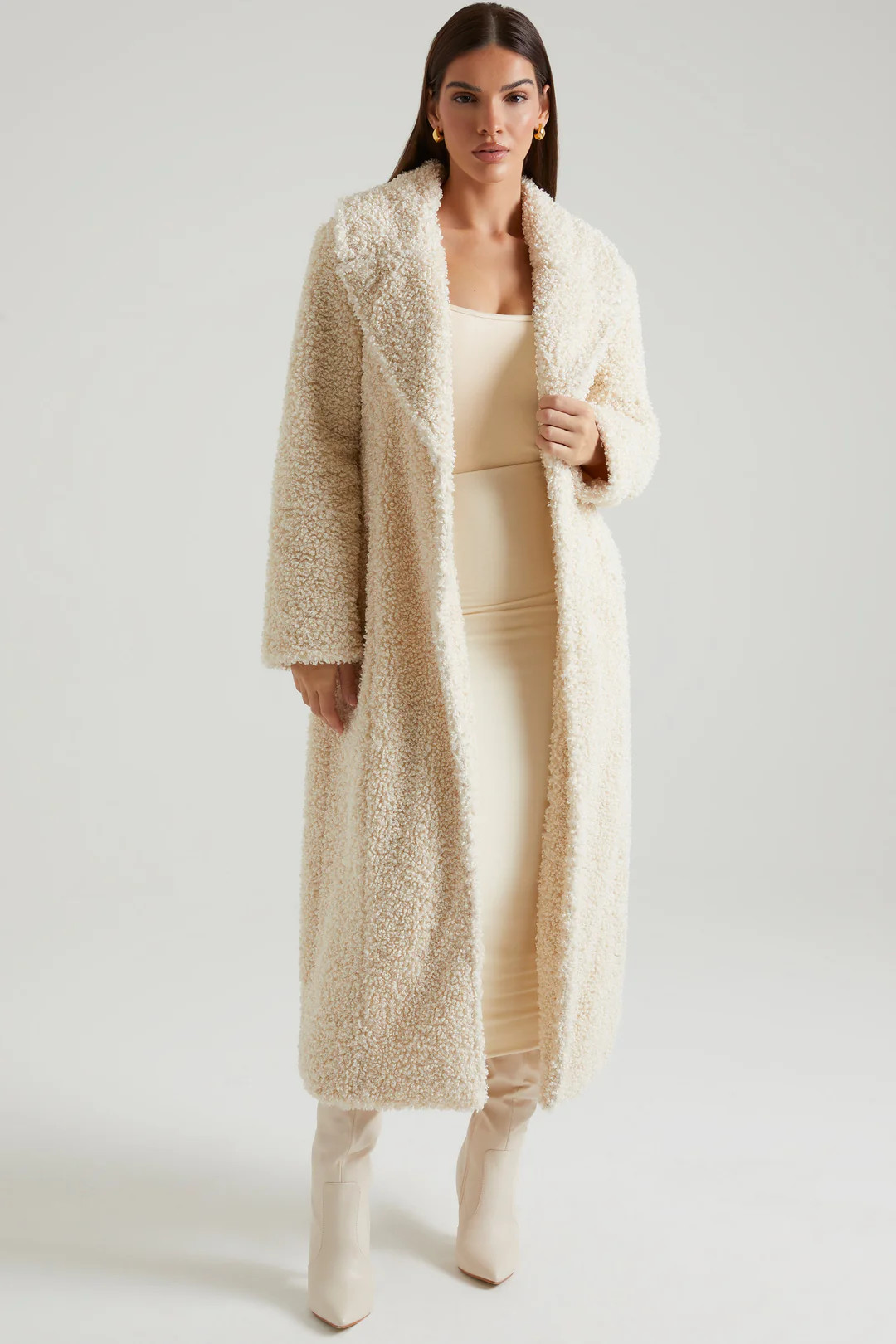 Long Shearling Coat in Cream | Oh Polly
