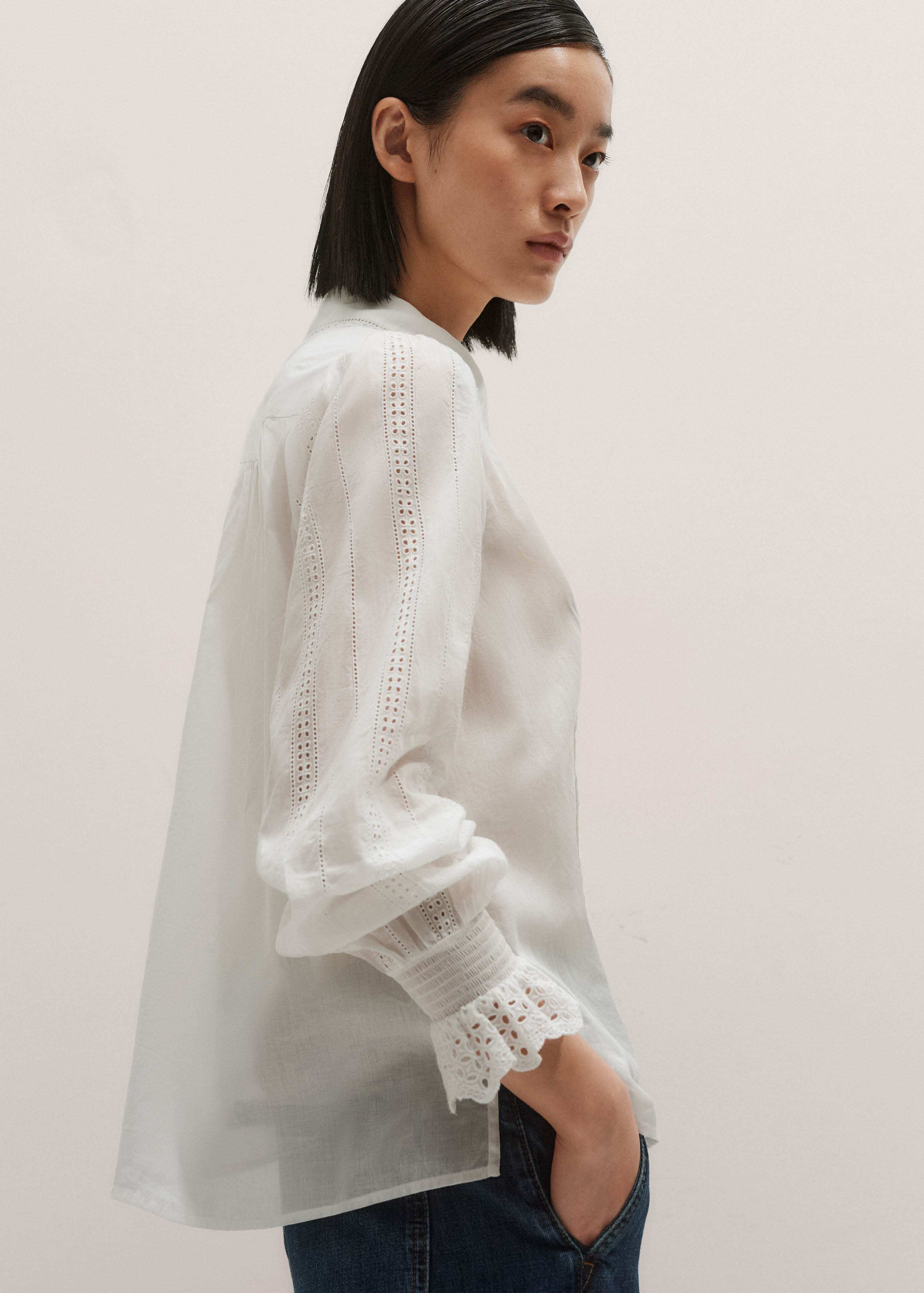 Cotton Broderie Detail Straight Shirt Cotton Voile | ME+EM Global (Excluding US)