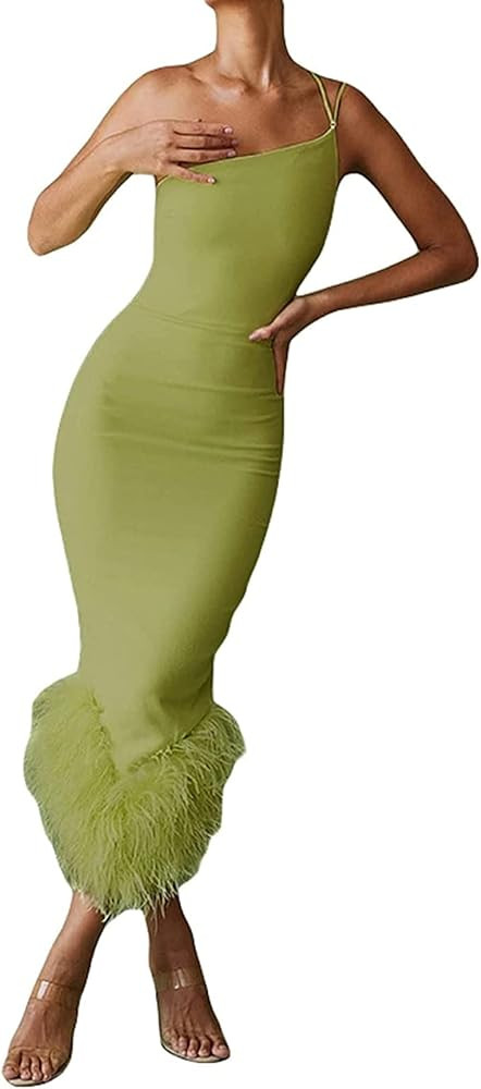 Sexy One Shoulder Feather Hem Midi Dresses for Women Elegant Sleeveless Bodycon Long Dress Cockta... | Amazon (US)