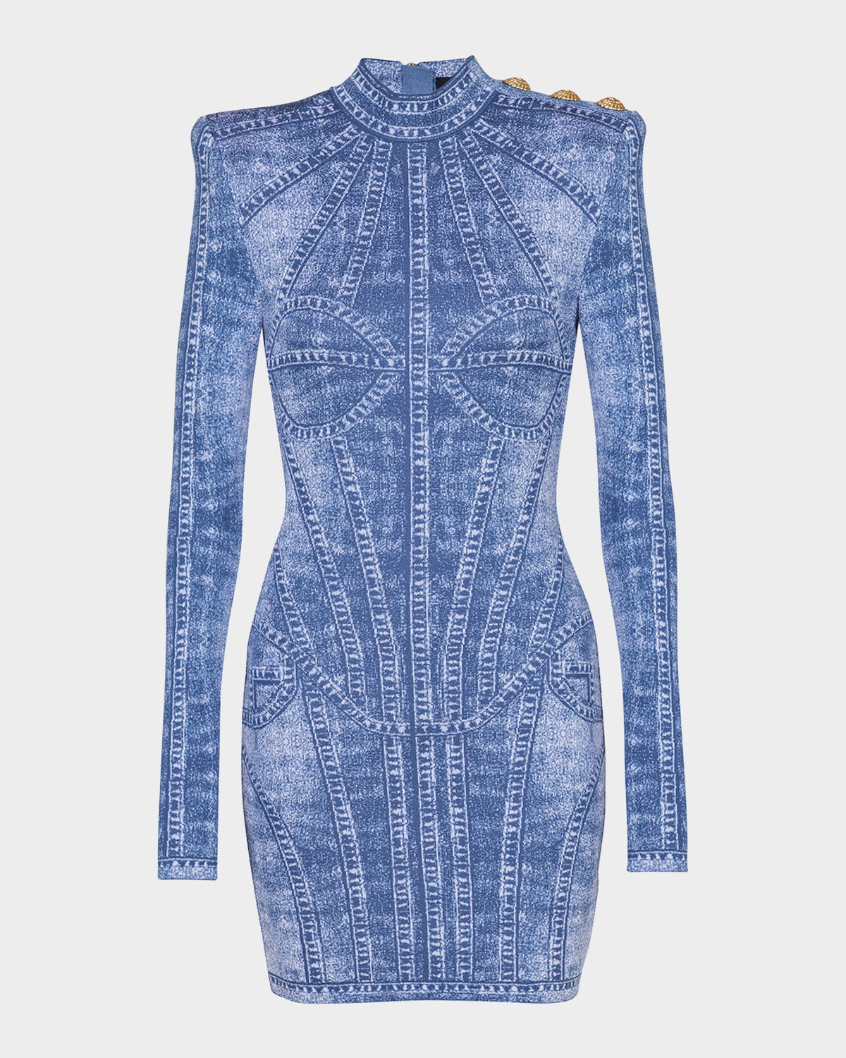 Denim Trompe Loeil Buttoned Shoulder Mini Dress | Neiman Marcus