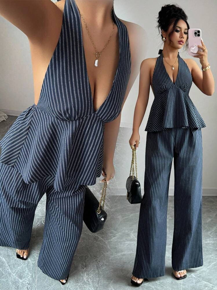 Elenzga Women's Summer Striped Ruffle Hem Halter Top And Pants Casual 2pcs Set | SHEIN