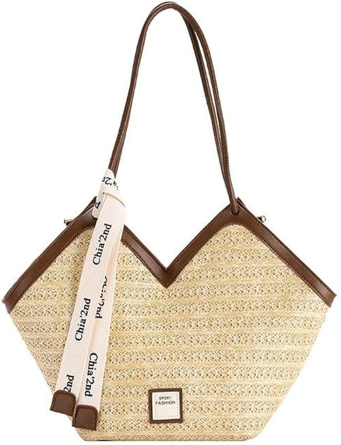 Women Straw Shoulder Bag Beach Tote Bag Handmade Woven Shoulder Bag Large Beach Handbag | Amazon (US)