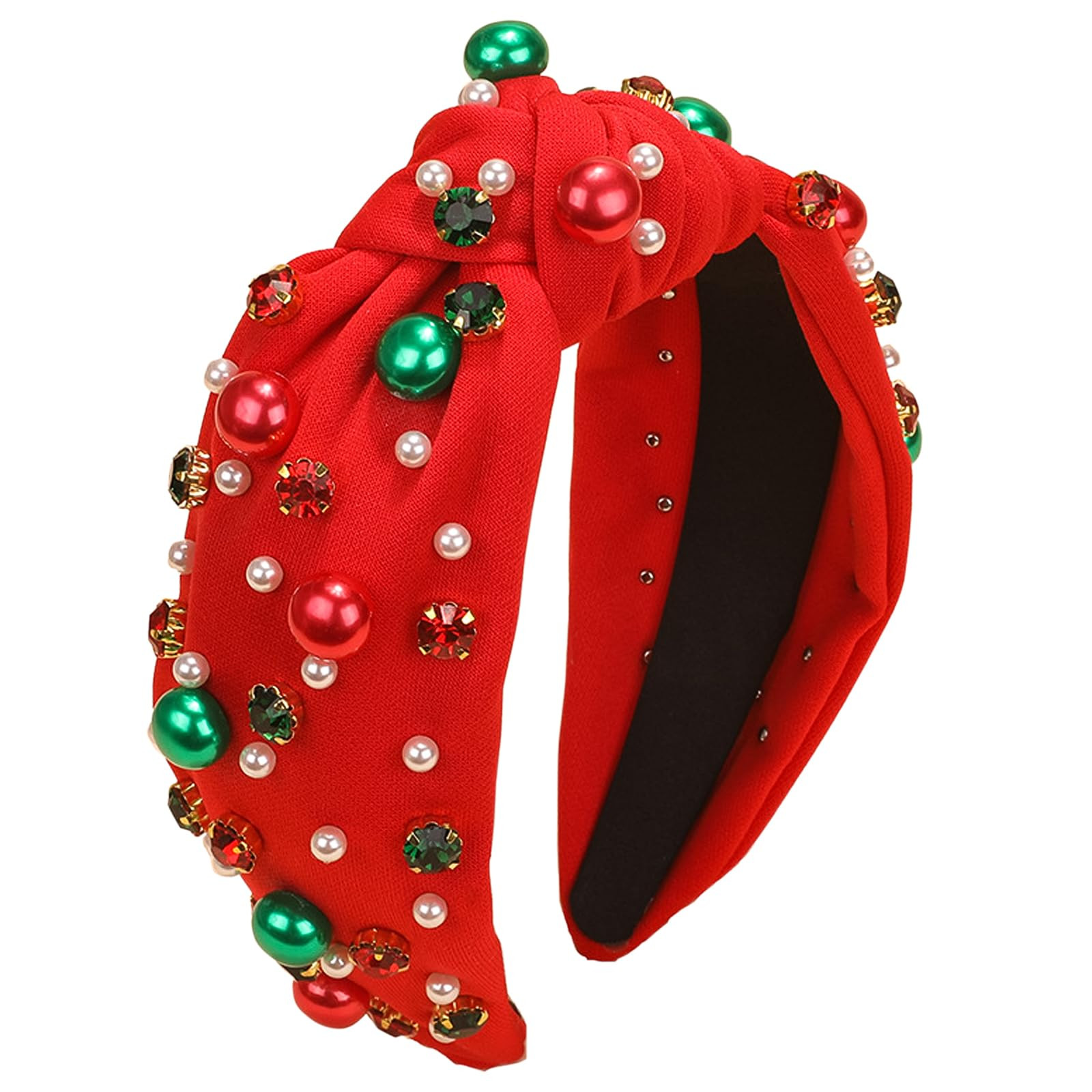 Christmas Headband for Women Pearl Knotted Headband Xmas Red Green Pearl Rhinestone Crystal Jeweled Hairband Fashion Elegant Ladies Wide Top Knot Hair Bands Headpiece Holiday Outfits Gifts (Red) | Amazon (US)