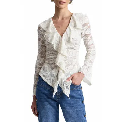 Avec Les Filles Ruffled Lace Top in Ivory at Nordstrom, Size Small | Nordstrom