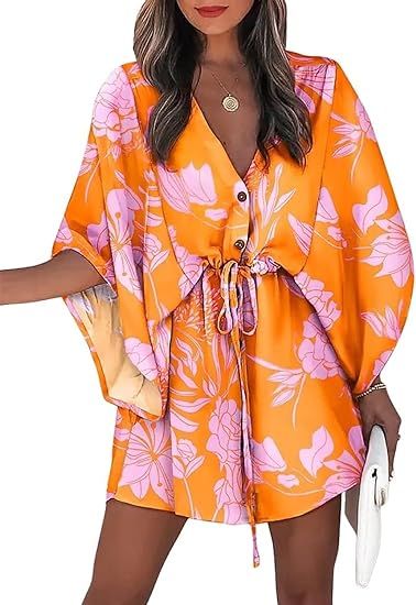 Women Print Drawstring 3/4 Sleeve V Neck Boho Dress Casual Sun Beach Mini Dress | Amazon (US)