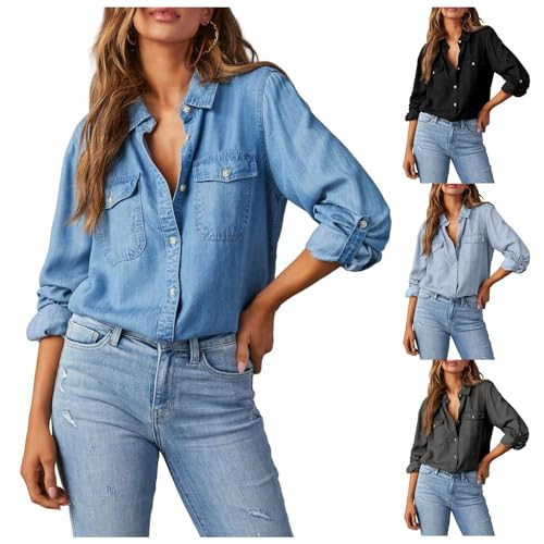 Denim Shirt for Women Long Sleeve Button Down Shirts Casual Lapel Neck Jean Top Lightweight Work Chambray Blouse | Amazon (US)
