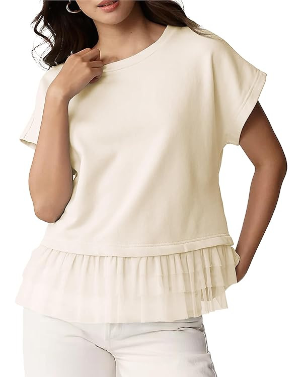 RIATOUR Womens Short Sleeve Shirts Lace Hem Casual Summer Tops Loose Fit Cute Daily Outfits | Amazon (US)