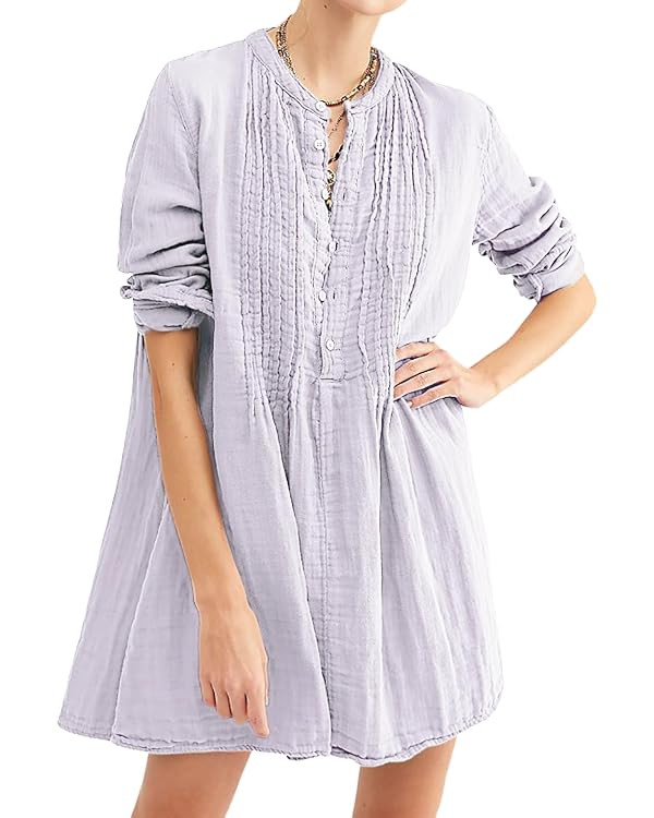 R.Vivimos Women's Tunic Dress Fall Cotton Button Down Long Sleeves Casual Mini Shirt Dress | Amazon (US)