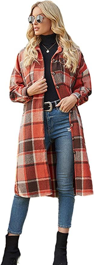 PUWEI Women's Casual Lapel Button Down Long Plaid Shirt Coat Tartan Shacket Jacket | Amazon (US)