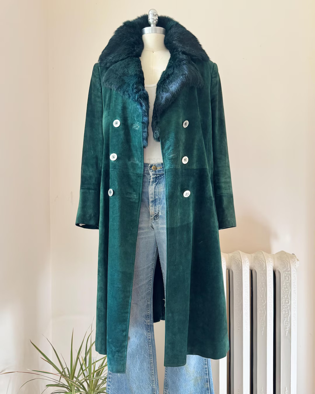 Vintage 1970s Penny Lane Coat Green Suede Lined in Fur Trim / Double Breasted / Notch Collar  / s... | Etsy (US)