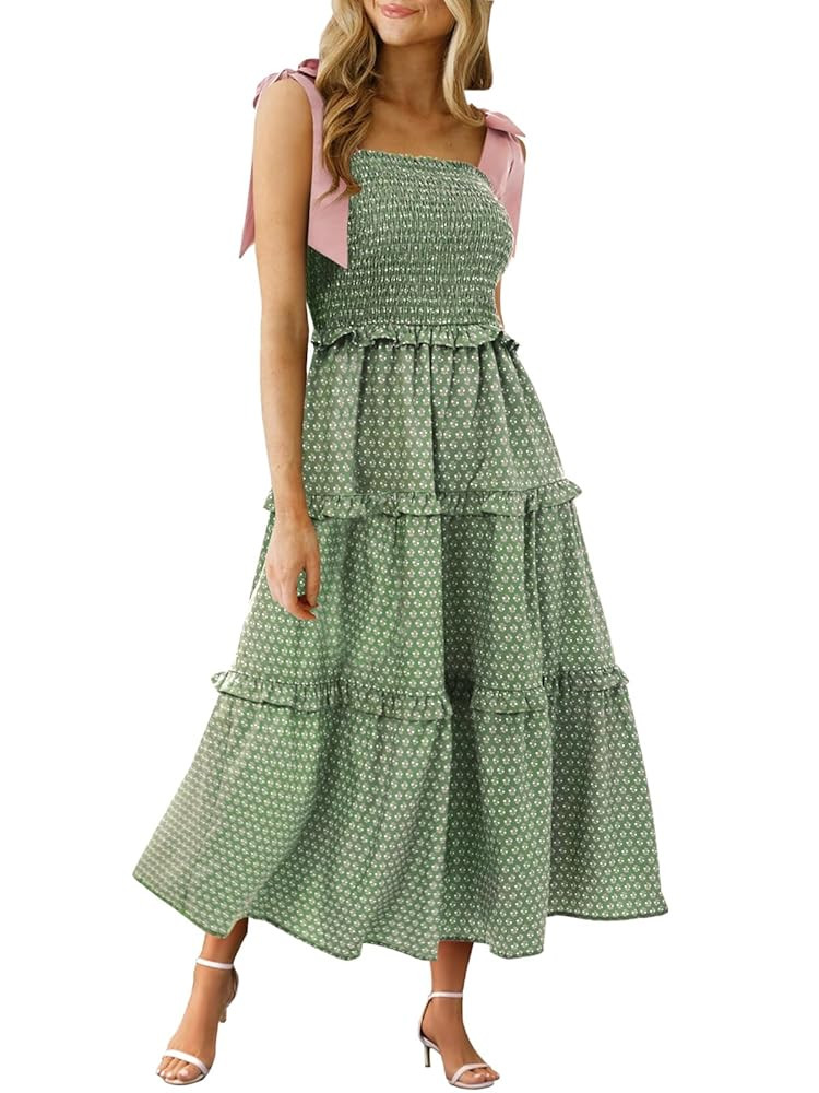 Wenrine Womens Summer Floral Maxi Dress Smocked Tie Shoulder Boho Sleeveless Ruffle Tiered Casual... | Amazon (US)
