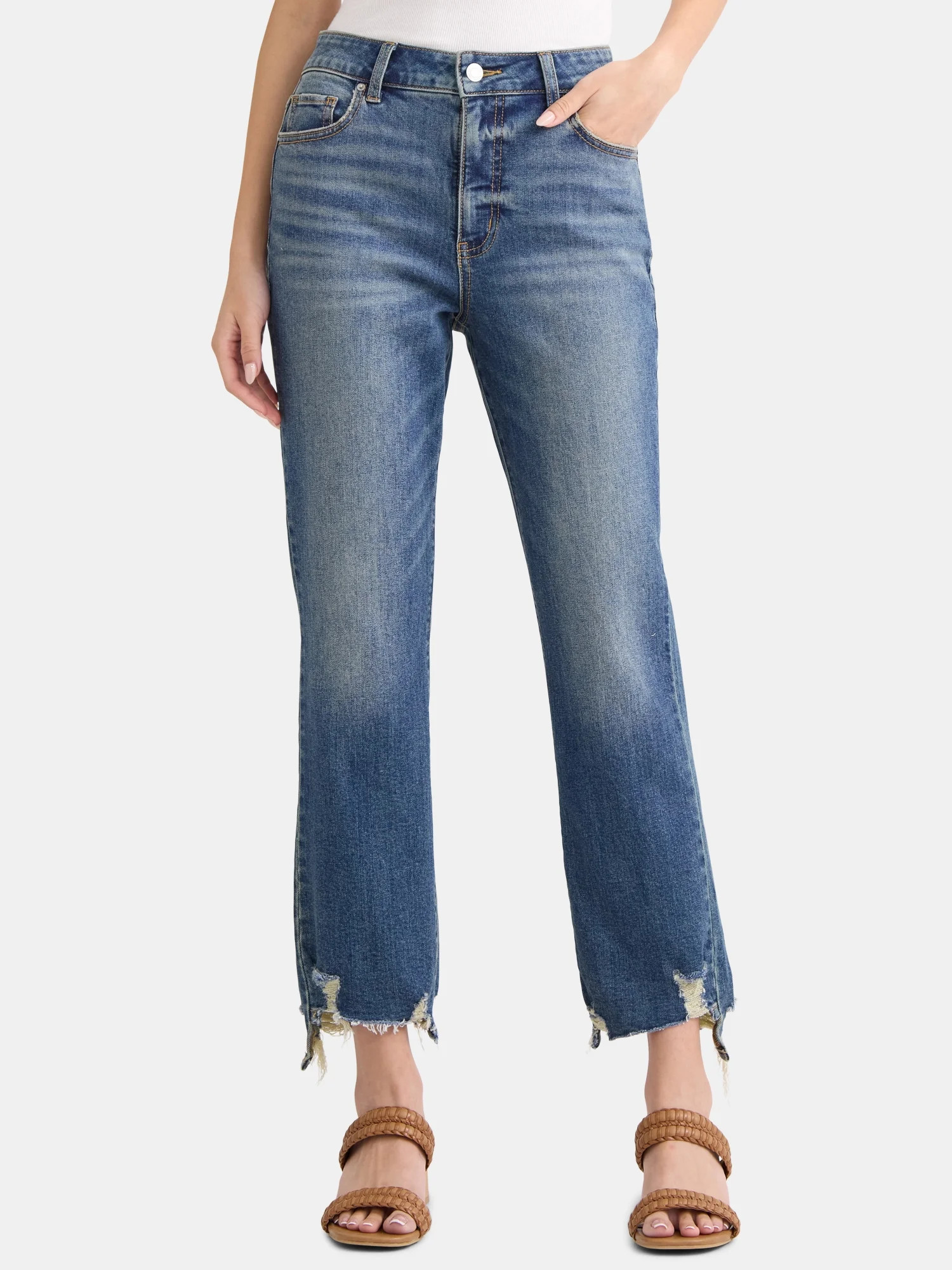 Time and Tru Women's and Women\u2019s Plus High Rise Straight Leg Jeans with Raw Hem, 27.5\u201d ... | Walmart (US)