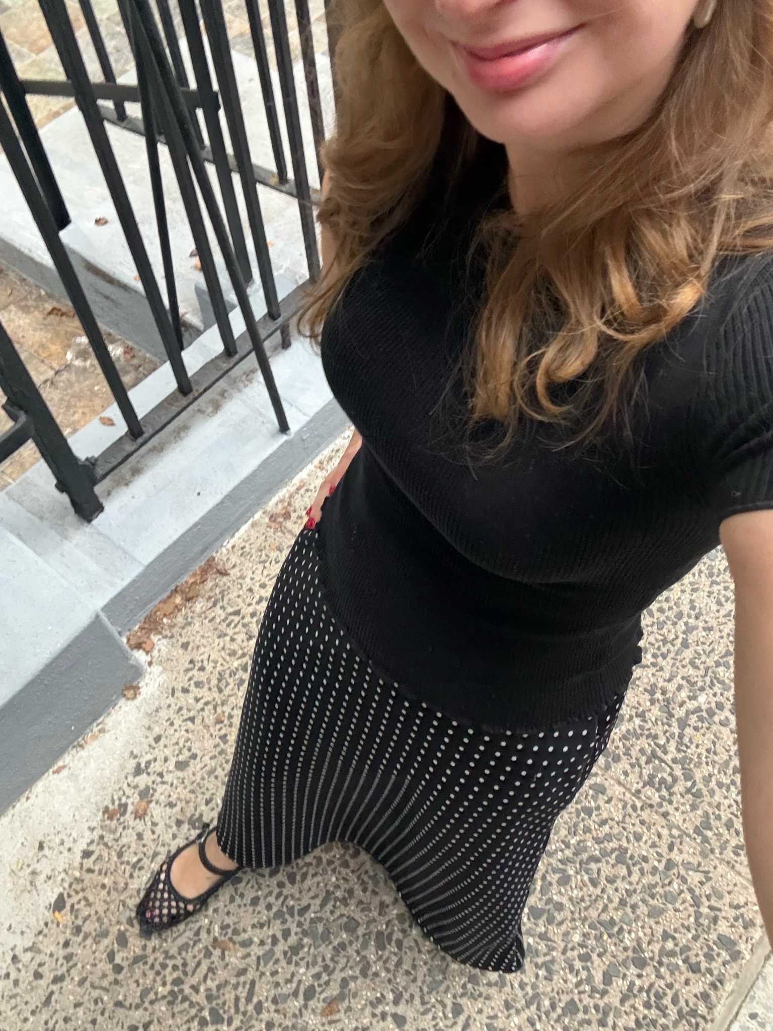 Felt so pretty in this feminine take on an all-black look yesterday! Polka dots are still going strong, and I linked some amazing skirt options. Still loving these Nine West woven black Mary Jane! Wearing my true size 8.

#LTKootd #LTKSeasonal