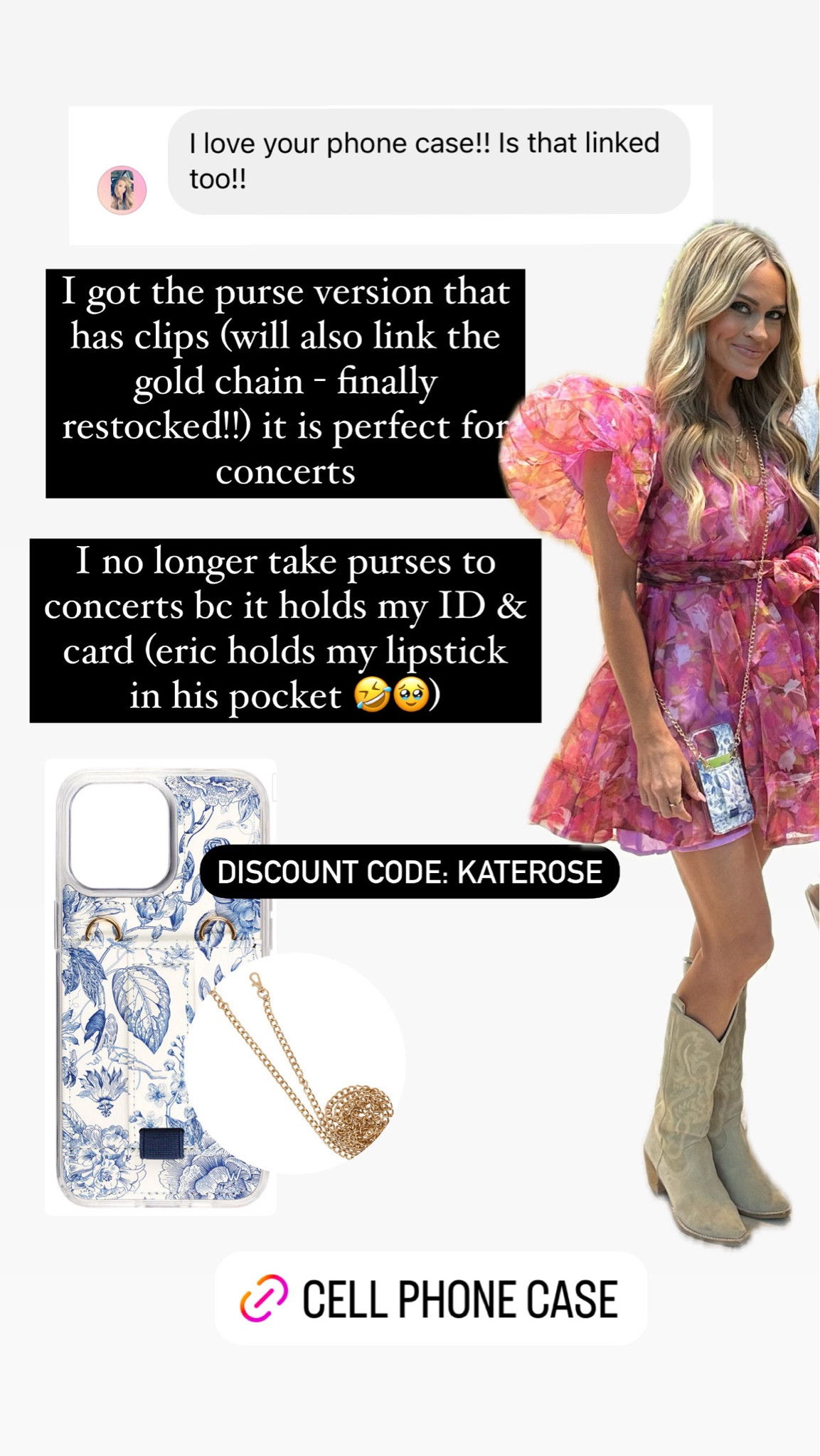 Mine is the purse style phone case and I bought the gold chain too - perfect for concerts!! I don’t take purses to concerts anymore bc it holds my ID and credit cards - then I make eric hold my lipstick in his pocket 😂 (but you can get it without the gold purse clips)

Follow my shop @roseykatestyle on the @shop.LTK app to shop this post and get my exclusive app-only content!

#liketkit 
@shop.ltk
https://liketk.it/4IGMK

#LTKSeasonal #LTKFindsUnder50 #LTKOver40