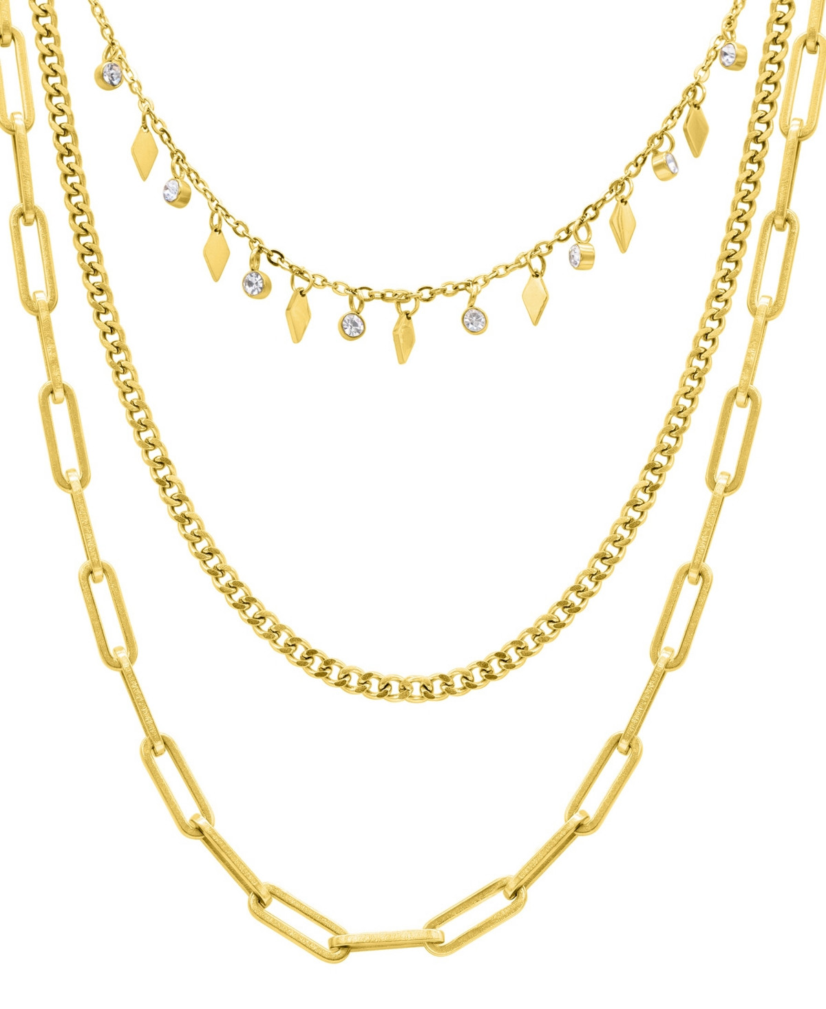 Adornia Gold Cubic Zirconia Paperclip, Curb, and Dangle Diamond Chain Necklace Set - Gold | Macy's