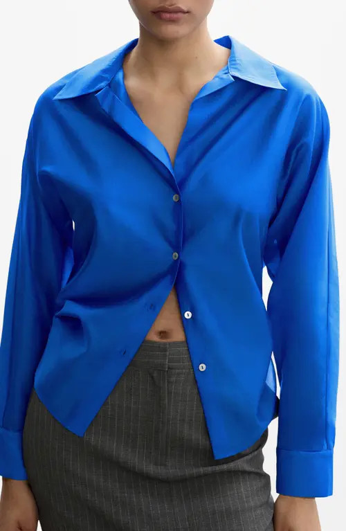MANGO Satin Button-Up Shirt in Blue at Nordstrom, Size 0 | Nordstrom
