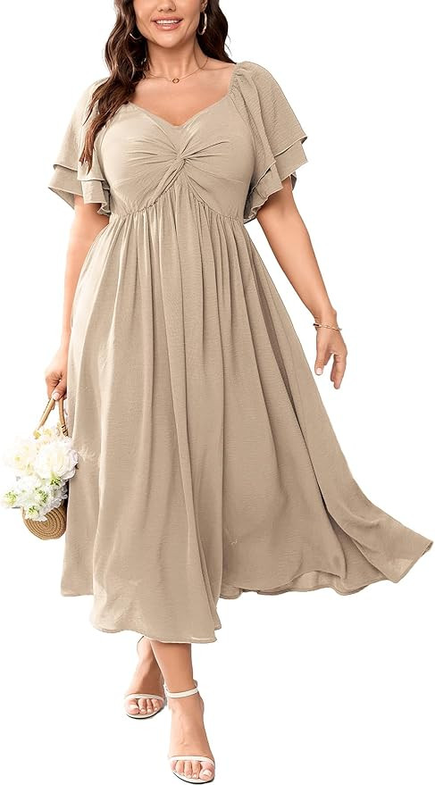 SCOMCHIC Women's Plus Size Wedding Guest Cocktail Dresses Sweetheart Neckline Ruffle Sleeve A Lin... | Amazon (US)