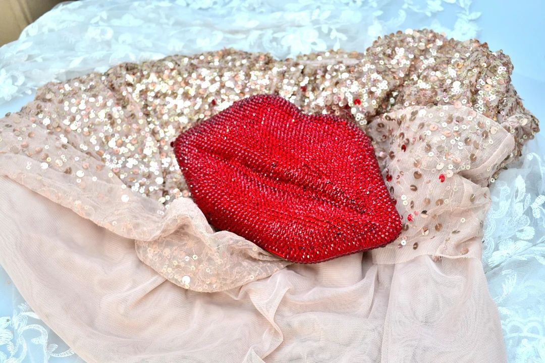 Swarovski Crystal Burgundy Red or Hot Pink Lips Shape Metal - Etsy | Etsy (US)