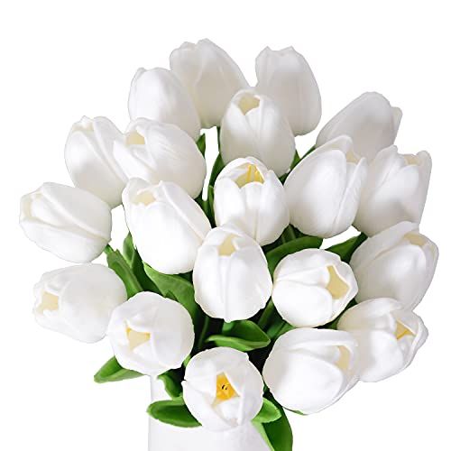 Vamzee 20Pcs White Artificial Tulips Flowers Real Touch Fake Tulip Latex Bouquet for Wedding Party H | Amazon (US)