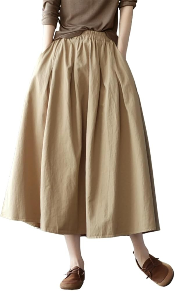 chouyatou Women's Casual Elegant Loose Baggy Elastic High Waist A Line Flare Midi Cotton Skirt | Amazon (US)
