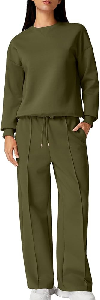 QINSEN 2 Piece AirCotton Outfits Sweatsuits Long Sleeve Pullover Sweatshirt Wide Leg Sweatpant wi... | Amazon (US)