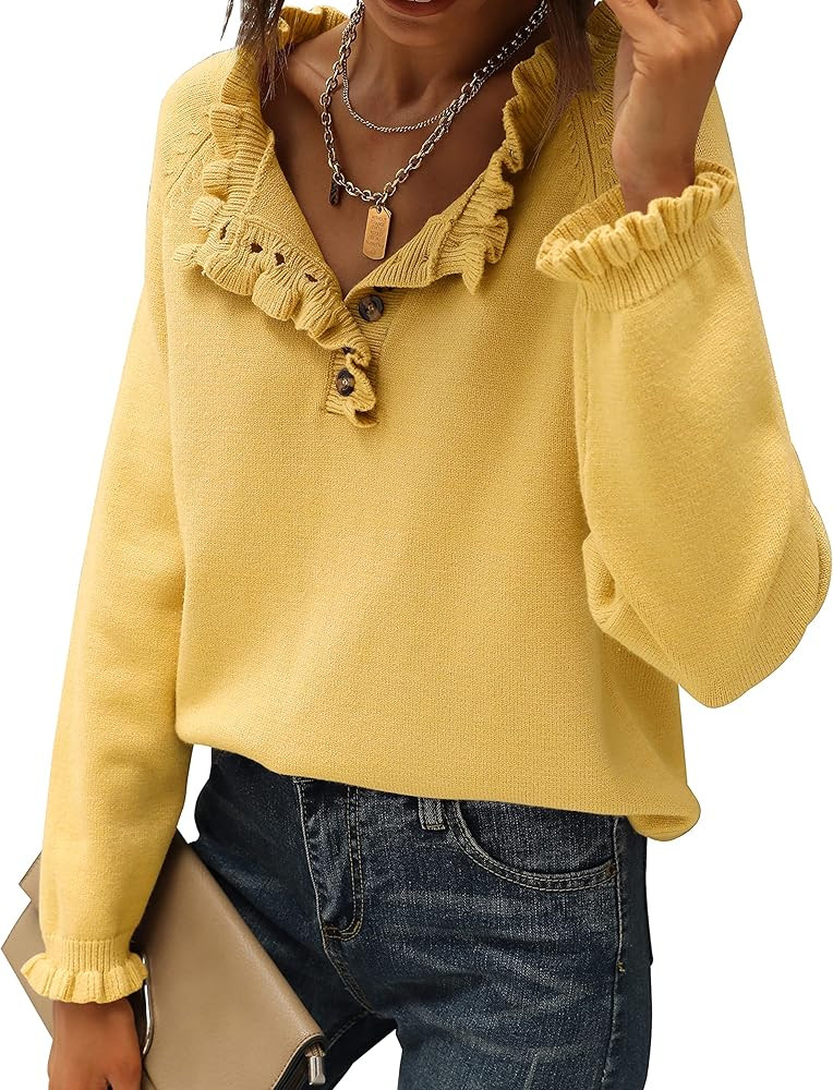Women's Sweaters Casual Long Sleeve Button Down Crew Neck Ruffle Knit Pullover Sweater Tops Solid Co | Amazon (US)
