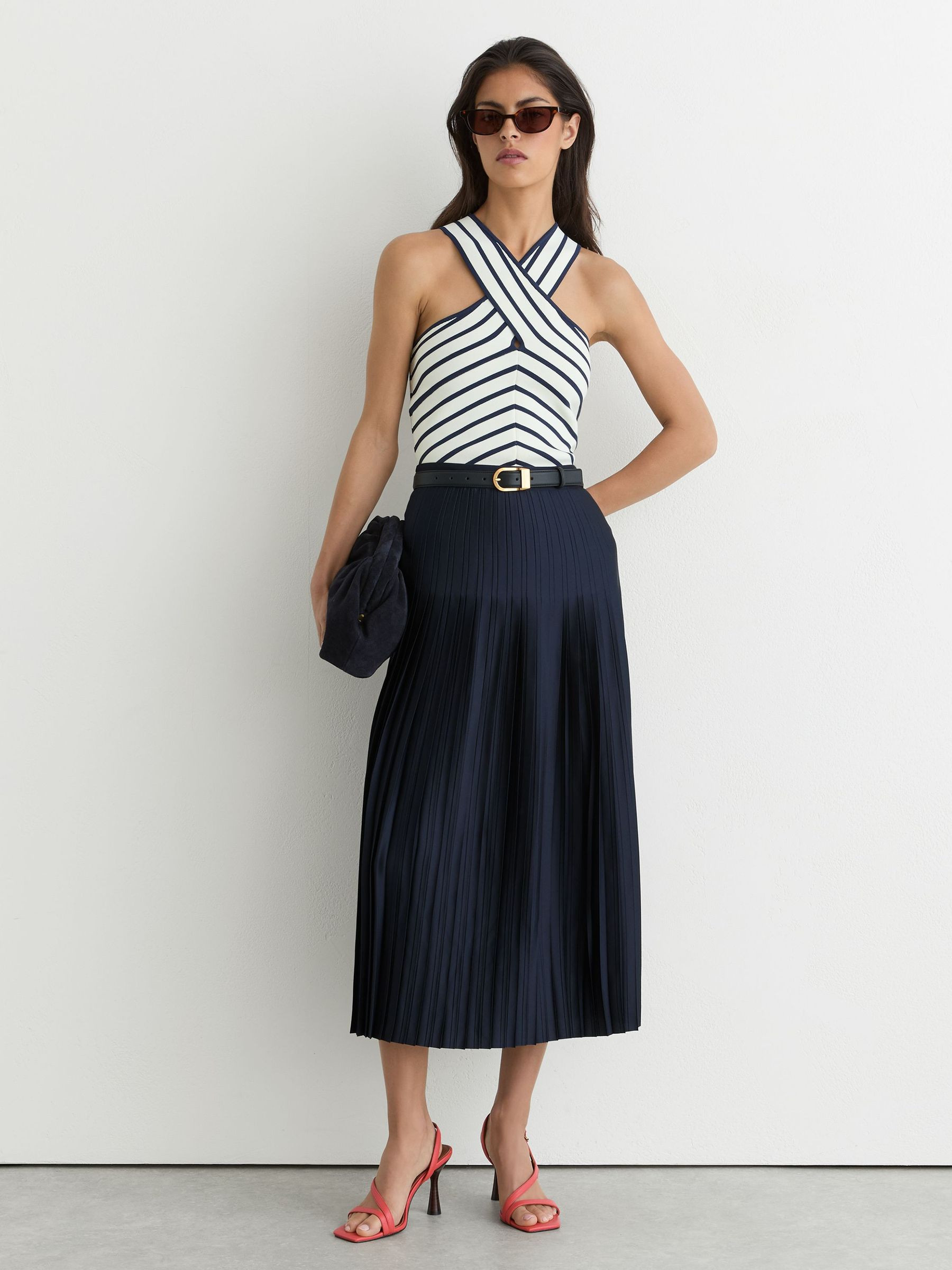 Reiss Satin Pleated Midi Skirt in Navy | REISS | Reiss DE
