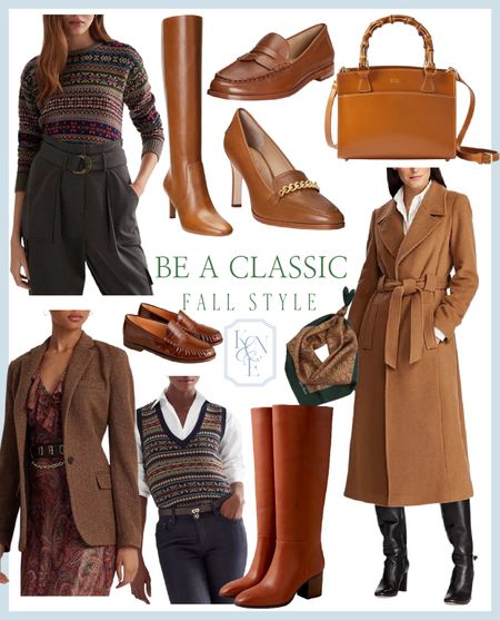 Classic fall style that is timeless with a camel wool jacket, leather knee high boots, scarf, leather loafers, fall fairisle sweater, fairisle sweater vest, tweed blazer, houndstooth blazer, camel chestnut leather handbag, Ralph Lauren, j crew, equestrian style, fall outfit, fall style, macys 

#LTKover40 #LTKSeasonal #LTKshoecrush