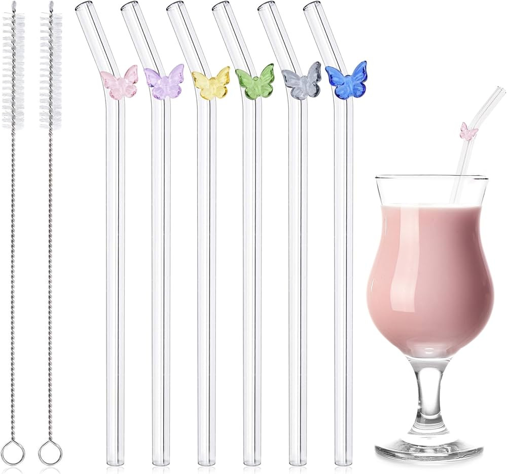 6 Pcs Reusable Glass Straws with 2 Cleaning Brushes, Cute Colorful Butterfly Glass Straws Shatter... | Amazon (US)