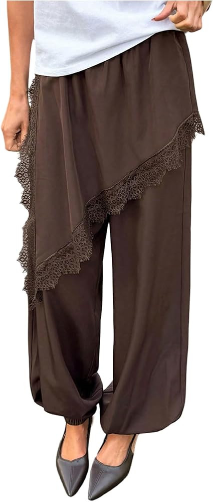 Verdusa Women's Lace Skirt Satin Pants Wide Leg Balloon Pants Spring Outfits | Amazon (US)