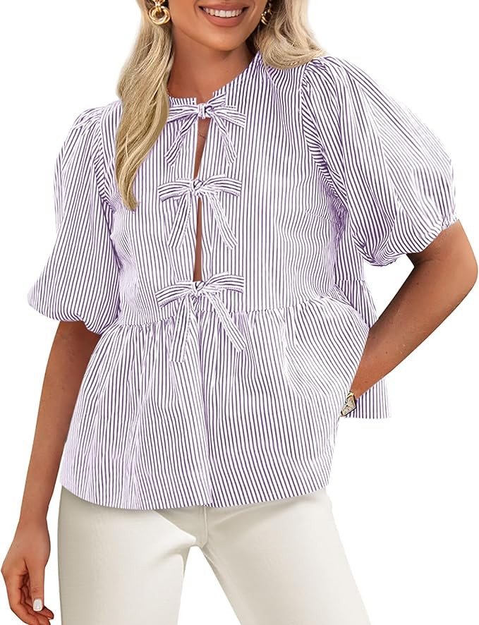 PRETTYGARDEN Women's Tie Front Striped Shirt 2026 Summer Trendy Fashion Cute Babydoll Tops Peplum... | Amazon (US)