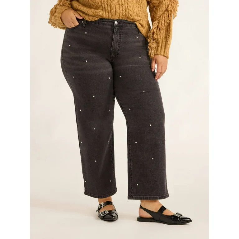 Scoop Women's and Women's Plus Low Slung Cropped Jeans with Rhinestones, 27” Inseam, Sizes 0-28... | Walmart (US)