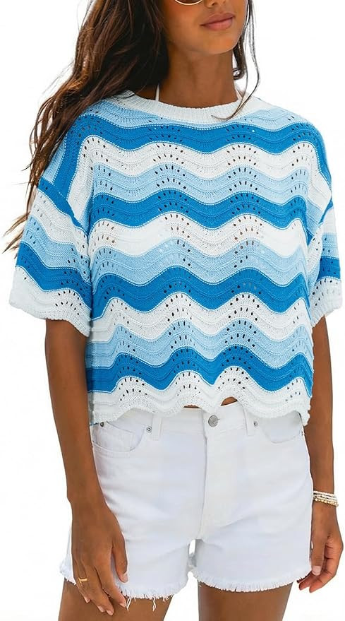 CUPSHE Women's Crochet Cover Up Top Striped Short Sleeve Beach Cover Up Top Summer Casual Tops fo... | Amazon (US)