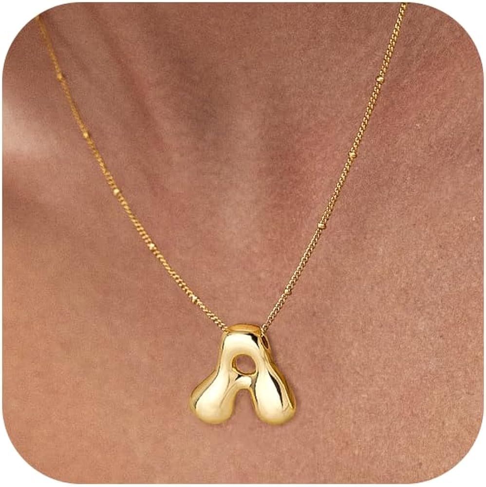 Gold Bubble Letter Necklace for Women Dainty 14K Gold Plated Balloon Initial Necklaces for Women ... | Amazon (US)