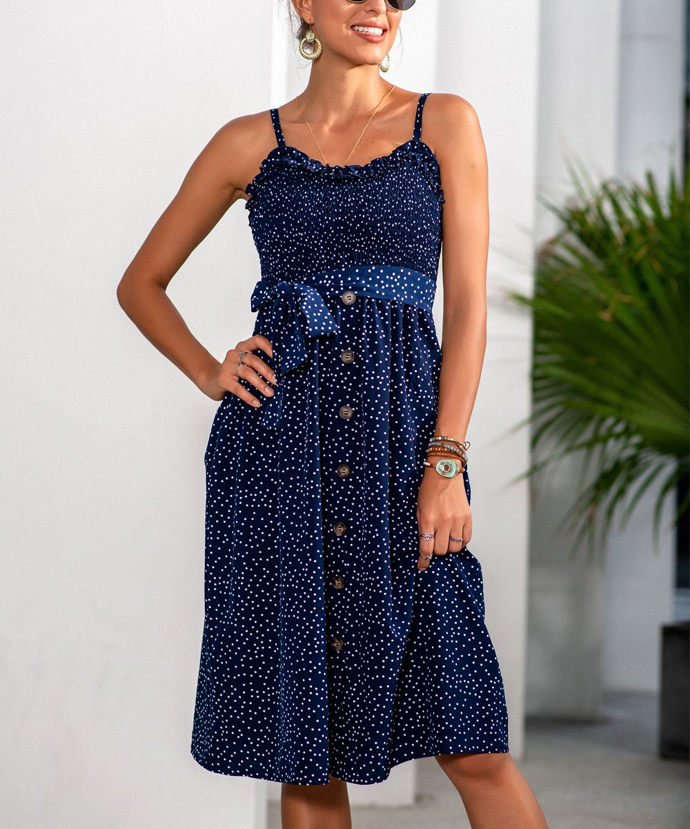 Basico Women's Casual Dresses Navy - Navy Polka Dot Belted Button-Front Sleeveless Dress - Women | Zulily